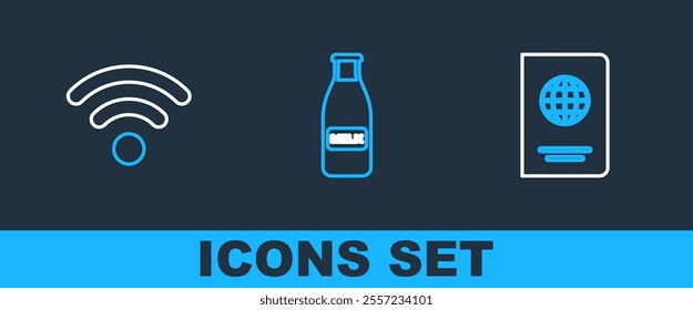 Set line Passport, Wi-Fi wireless network and Glass bottle milk and cap icon. Vector