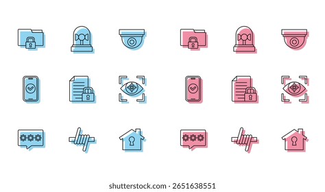 Set line Password protection, Barbed wire, Folder and lock, House under, Document, Eye scan, Smartphone and Flasher siren icon. Vector