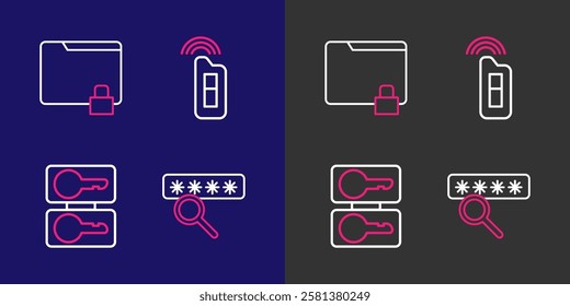 Set line Password protection, Casting keys, Car with remote and Folder and lock icon. Vector