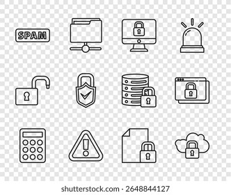 Set line Password protection, Cloud computing lock, Lock computer monitor, Exclamation mark triangle, Spam, and check, Document and Secure your site with HTTPS, SSL icon. Vector