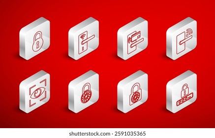 Set line Password protection, Digital door lock with wireless, Safe combination wheel, Lock,  and Eye scan icon. Vector