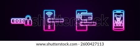 Set line Password protection, Digital door lock with wireless,  and Mobile and face recognition. Glowing neon icon. Vector