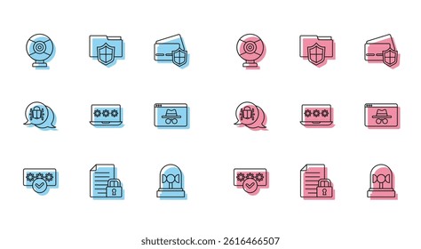Set line Password protection, Document and lock, Security camera, Flasher siren, Laptop with password, Browser incognito window, System bug and folder icon. Vector