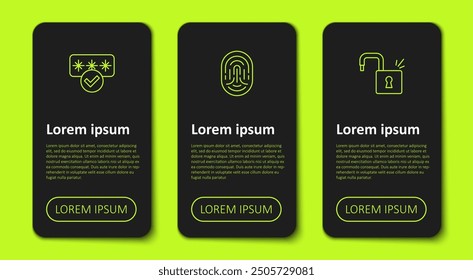 Set line Password protection, Fingerprint and Open padlock. Business infographic template. Vector
