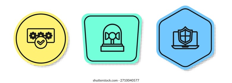 Set line Password protection, Flasher siren and Laptop protected with shield. Colored shapes. Vector