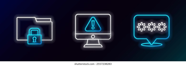 Set line Password protection, Folder and lock and Monitor with exclamation mark icon. Glowing neon. Vector