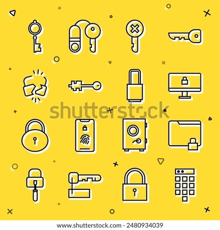 Set line Password protection, Folder and lock, Lock computer monitor, Wrong key, Old, Broken cracked,  and  icon. Vector