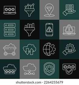 Setzen Sie die Linie Passwortschutz, Handeinstellungen, Laptop mit Ausrufezeichen, Verkaufstrichter, Verkaufsdiagramm, Server, Daten, Web Hosting, Passwort und Mobile Symbol. Vektorgrafik
