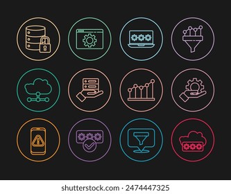 Establecer la protección de Contraseña de línea, equipo de Configuraciones manuales, portátil con Contraseña, servidor, datos, alojamiento de Web, conexión a la nube de red, bloqueo de seguridad, infografía de gráfico circular e ícono del navegador. Vector