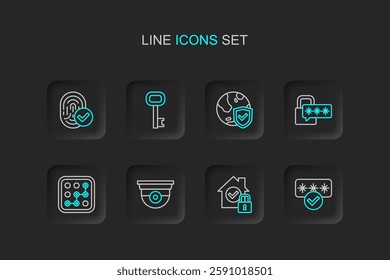 Set line Password protection, House under, Security camera, Graphic password, Cyber security, Shield with world globe, Old key and Fingerprint icon. Vector