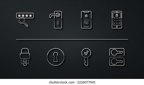 Set line Password protection, Key broke inside of padlock, Mobile and graphic password, Keyhole, Door handle, Casting keys and with fingerprint scan icon. Vector