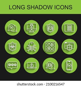 Set line Password protection, Laptop with exclamation mark, Check in speech bubble, System bug, Smartphone, key, Browser shield and Graphic password icon. Vector