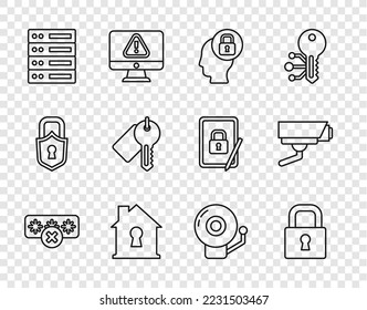 Set line Password protection, Lock, Human head with lock, House under, Server, Data, Web Hosting, Marked key, Ringing alarm bell and Security camera icon. Vector