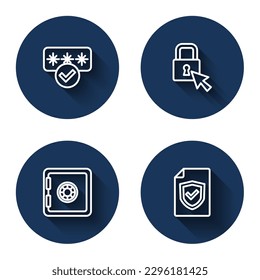 Set line Password protection, Lock, Safe and Contract with shield with long shadow. Blue circle button. Vector