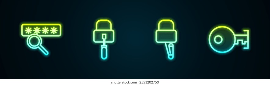 Set line Password protection, Lock picks for lock picking,  and Key. Glowing neon icon. Vector