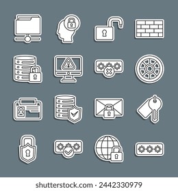 Zeilen-Passwortschutz festlegen, Markierter Schlüssel, Safe, Vorhängeschloss öffnen, Monitor mit Ausrufezeichen, Serversicherheit, FTP-Ordner und Symbol. Vektor