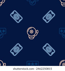 Set line Password protection, Mobile with fingerprint scanner and Ringing alarm bell on seamless pattern. Vector