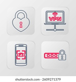 Set line Password protection, Mobile and eye scan, VPN Computer network and Castle in the shape of heart icon. Vector