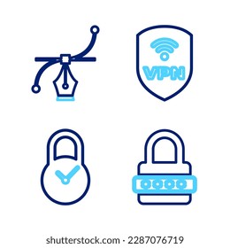 Setzen Sie die Zeile Passwortschutz, Padlock mit Uhr, Shield VPN Wireless und Bezier Kurve Symbol. Vektorgrafik