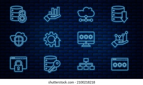 Setzen Sie die Zeile Passwortschutz, Infografik-Diagramm, Netzwerk-Cloud-Verbindung, Pfeilwachstumsgetriebe, Cloud und Schild, Serversicherheit mit Schloss, Passwort und Symbol überwachen. Vektorgrafik