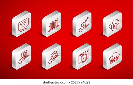 Set line Password protection, Pie chart infographic, Cloud download and upload, Browser with shield, Location sales funnel, Hand settings gear and Server, Data, Web Hosting icon. Vector