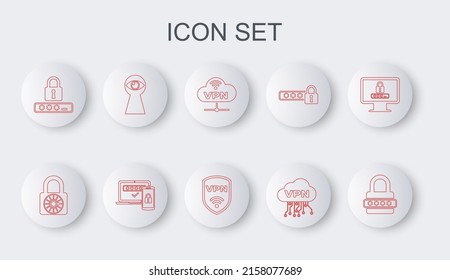Set line Password protection, Safe combination lock wheel, VPN Network cloud connection, Cloud interface, Keyhole with eye, Two steps authentication and Shield wireless icon. Vector