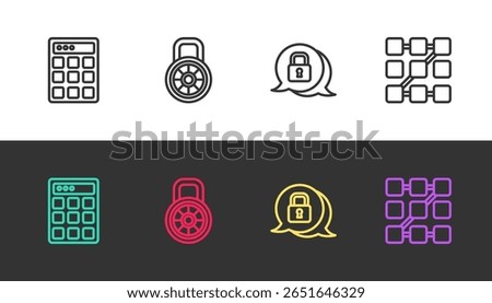 Set line Password protection, Safe combination lock, Cyber security and Graphic password on black and white. Vector