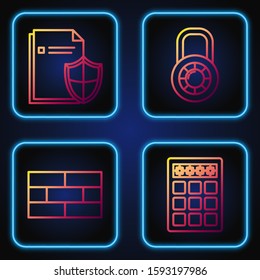 Set line Password protection and safety access , Bricks , Document protection concept  and Safe combination lock wheel . Gradient color icons. Vector