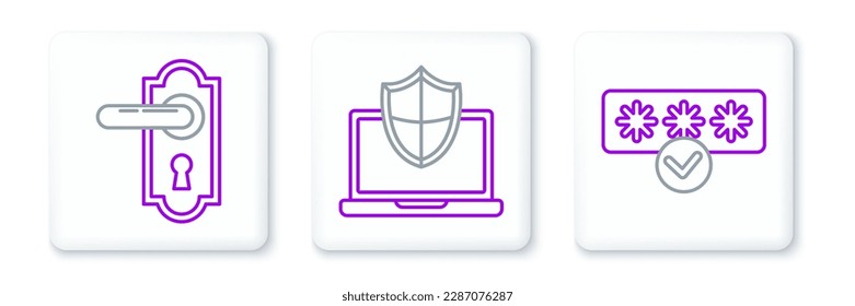 Set line Password protection and safety access, Door handle and Laptop protected with shield icon. Vector