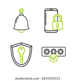 Set line Password protection and safety access, Shield with key, Smartphone closed padlock and Ringing bell icon. Vector