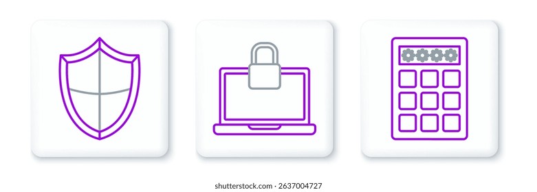 Set line Password protection and safety access, Shield and Laptop lock icon. Vector