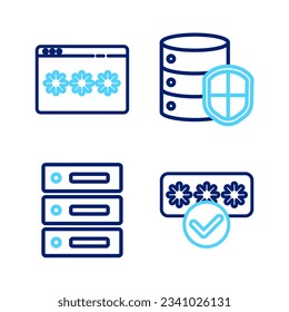 Set line Password protection, Server, Data, Web Hosting, with shield and  icon. Vector