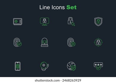 Set line Password protection, Shield with world globe, Ringing alarm bell, Mobile fingerprint scanner, Lock, Cancelled,  and Fingerprint icon. Vector