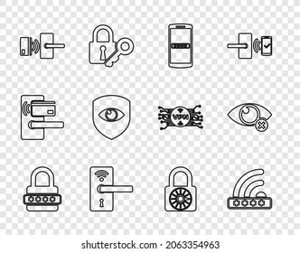Set line Password protection, Wifi locked, Mobile and password, Digital door with wireless, Shield eye, Safe combination wheel and Invisible hide icon. Vector
