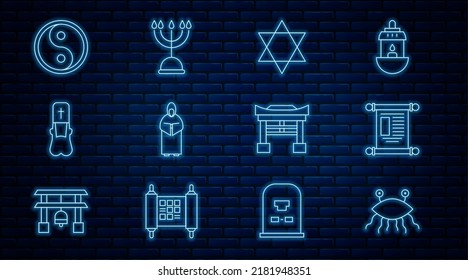 Set line Pastafarianism, Decree, paper, parchment, scroll, Star of David, Monk, Priest, Yin Yang, Japan Gate and Hanukkah menorah icon. Vector