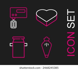 Set line Pastry bag, Can container for milk, Candy heart shaped box and Electric mixer icon. Vector