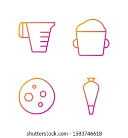 Set line Pastry bag for decorate cakes, Cookie or biscuit with chocolate , Measuring cup and Bakery bowl dough . Gradient color icons. Vector