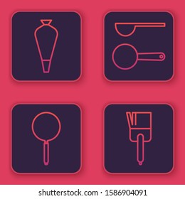 Set line Pastry bag for decorate cakes, Frying pan , Measuring spoon  and Kitchen brush . Blue square button. Vector