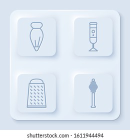Set line Pastry bag for decorate cakes, Blender, Grater and Honey dipper stick. White square button. Vector