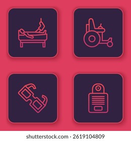 Set line Patient with broken leg, Eyeglasses, Electric wheelchair and Intercom. Blue square button. Vector