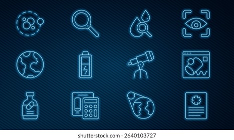Set line Patient record, Data visualisation, Drop and magnifying glass, Battery, Earth globe, Atom, Telescope and Magnifying icon. Vector