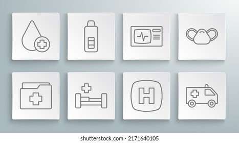 Set line Patient record, Digital thermometer, Hospital bed, signboard, Ambulance car, Monitor with cardiogram, Medical protective mask and Donate drop blood icon. Vector