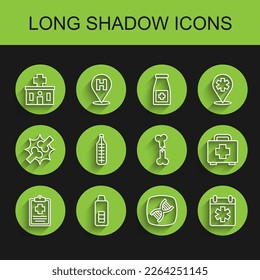 Set line Patient record, Digital thermometer, Hospital building, DNA symbol, Doctor appointment, Medical, First aid kit and Human broken bone icon. Vector