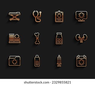 Set line Patient record, Digital thermometer, Stretcher, Syringe, Doctor appointment, Human broken bone, kidneys and Medicine bottle and pills icon. Vector