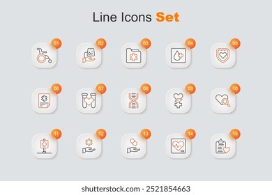 Set-line Patientenakte, Herzfrequenz, Medizinische Verordnung, Krankenhausübergreifende medizinische, Standort, Herzuntersuchung, Ethnowissenschaft und DNA-Symbol-Symbol. Vektorgrafik