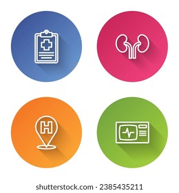 Set line Patient record, Human kidneys, Location hospital and Monitor with cardiogram. Color circle button. Vector