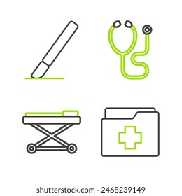 Set line Patient record, Stretcher, Stethoscope and Surgery scalpel icon. Vector