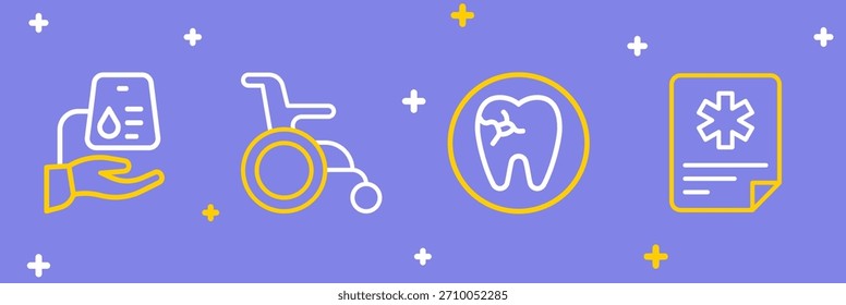 Set line Patient record, Tooth with caries, Wheelchair for disabled person and Blood donation icon. Vector