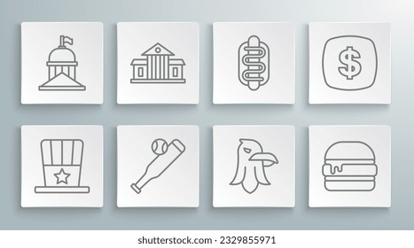 Set line Patriotic American top hat, White House, Baseball bat with ball, Eagle, Burger, Hotdog sandwich, Dollar symbol and  icon. Vector