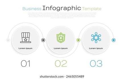 Set line Patriotic American top hat, Shield with stars and Hexagram sheriff. Business infographic template. Vector
